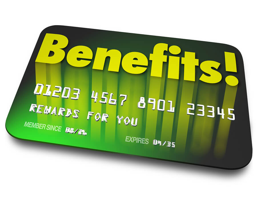 Benefits word on a green credit card to illustrate shopper loyal